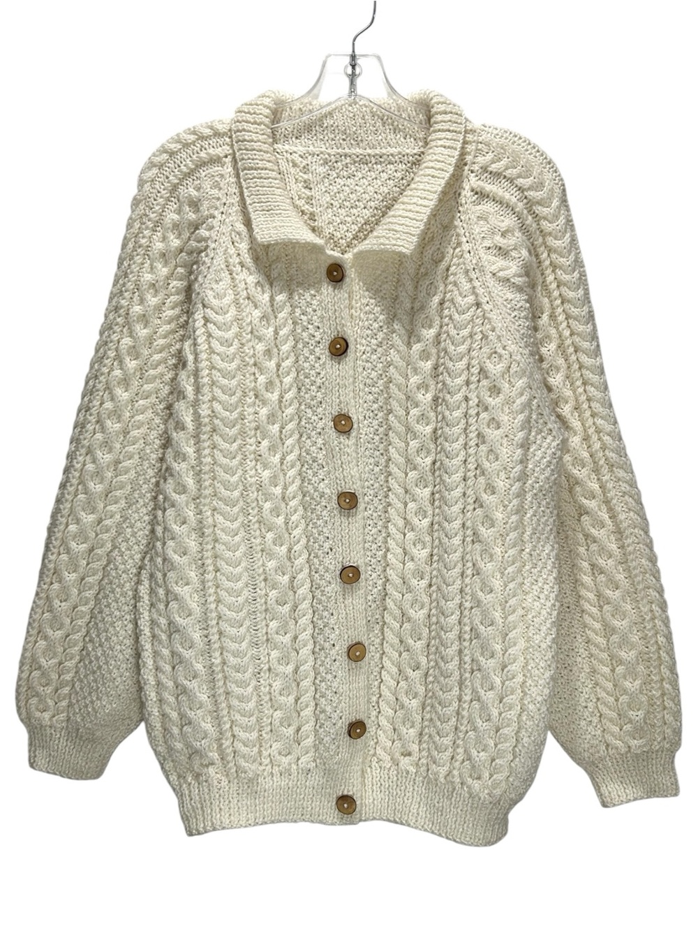 Women’s Ivory Wool Handmade Fisherman Cable Knit Cardigan, Chunky - Extra Large